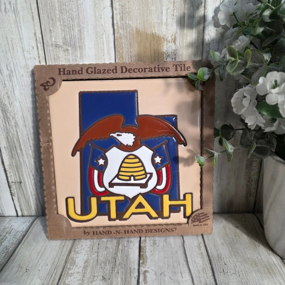 Hand-N-Hand Designs Utah State Seal 6x6 Hand Glazed Decorative Tile Trivet USA